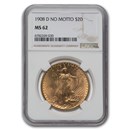 1908-D $20 Saint-Gaudens Gold No Motto MS-62 NGC 1908-D $20 Saint-Gaudens Gold No Motto MS-62 NGC